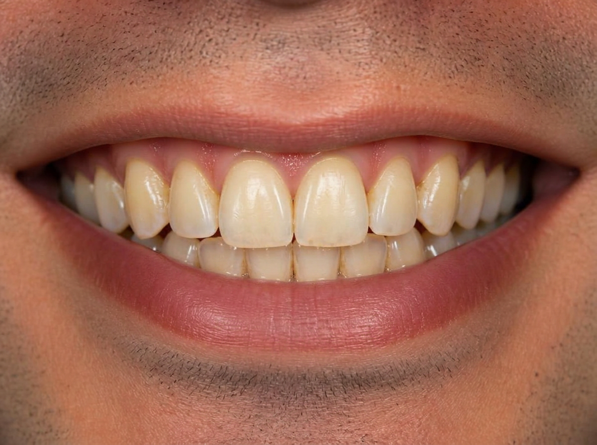 Illustrative before image for teeth whitening: close-up of naturally stained, yellowed teeth.