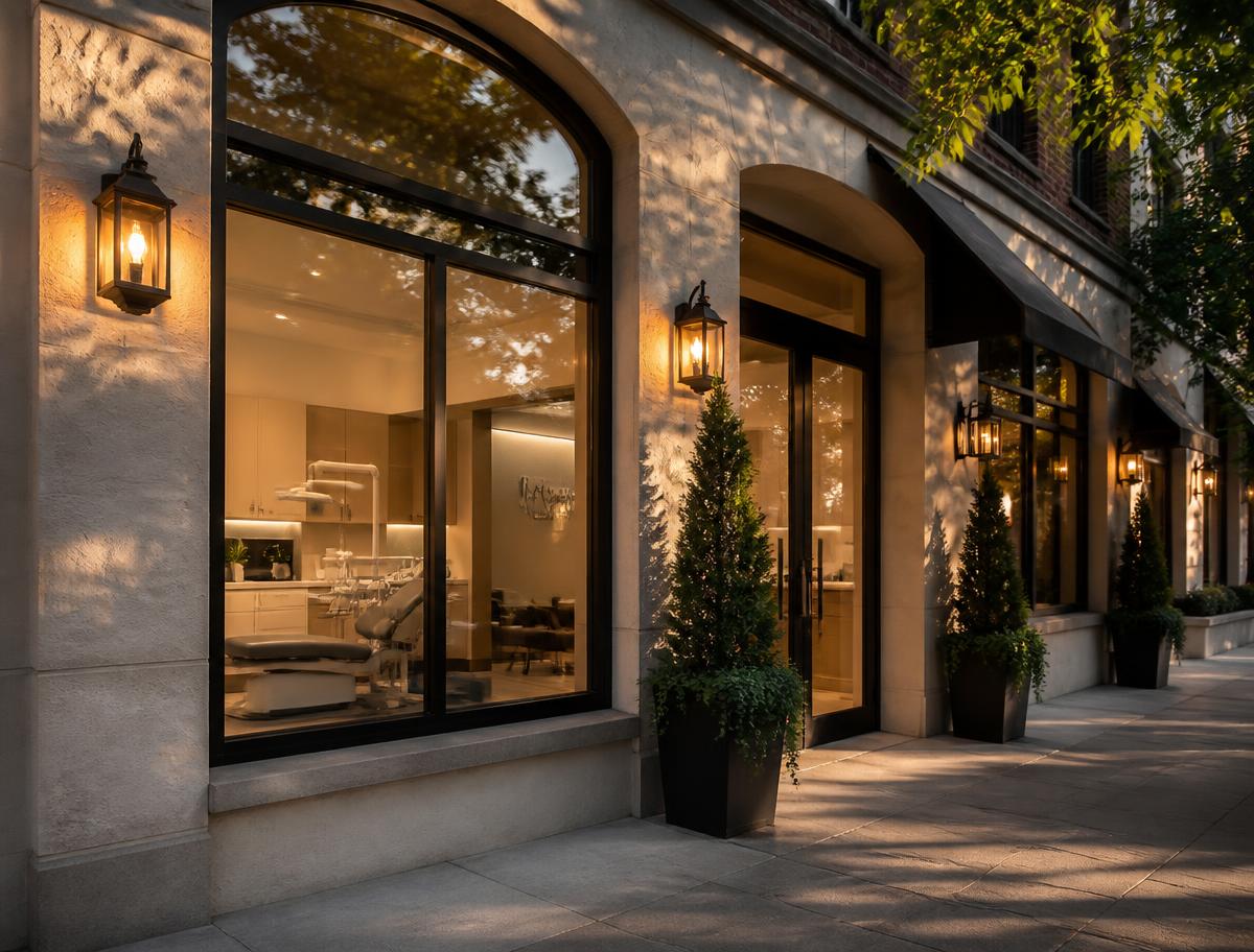 The exterior storefront of the clinic on a leafy downtown street at dusk