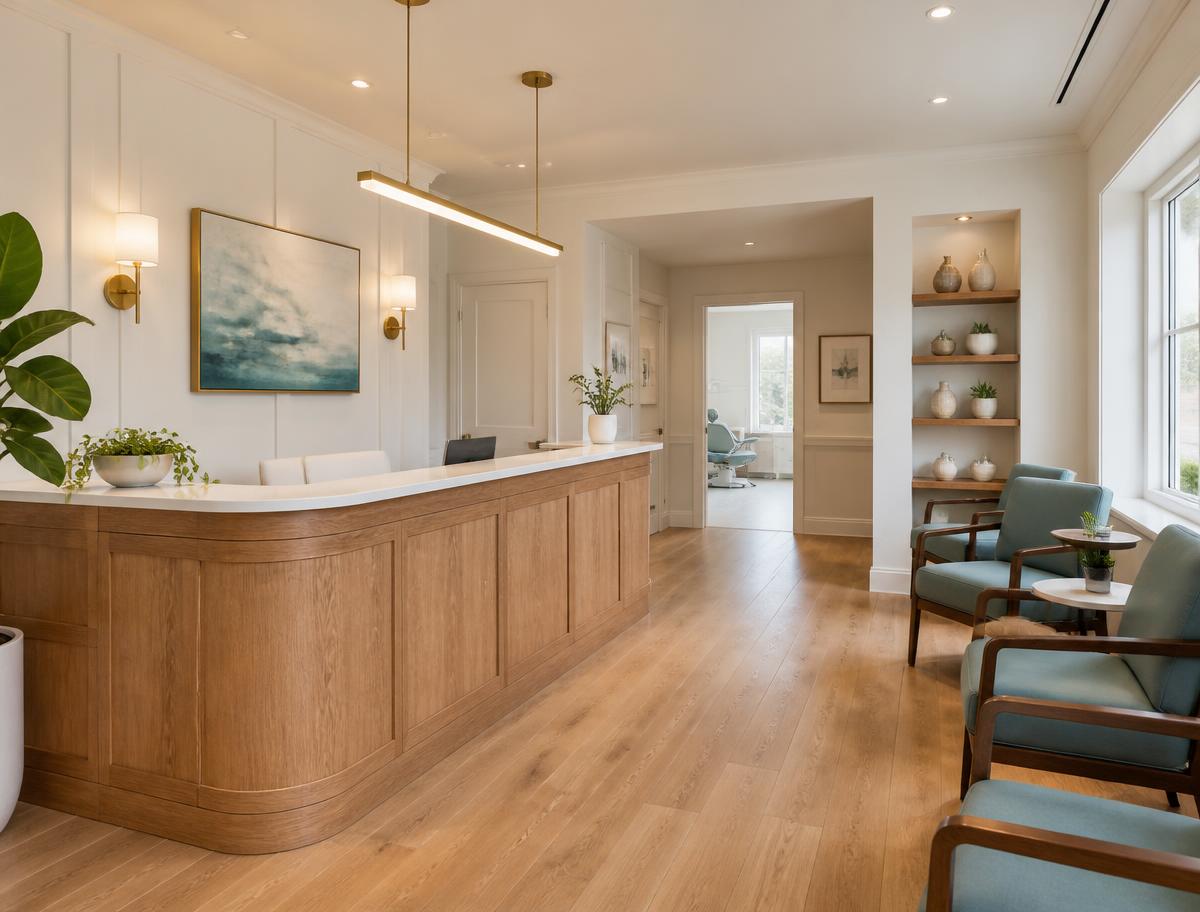 The warm oak reception desk and seating area at BrightSmile Dental Studio
