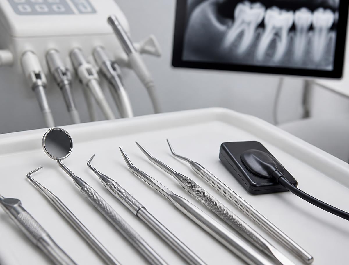 Sterile dental instruments laid out beside a digital X-ray sensor
