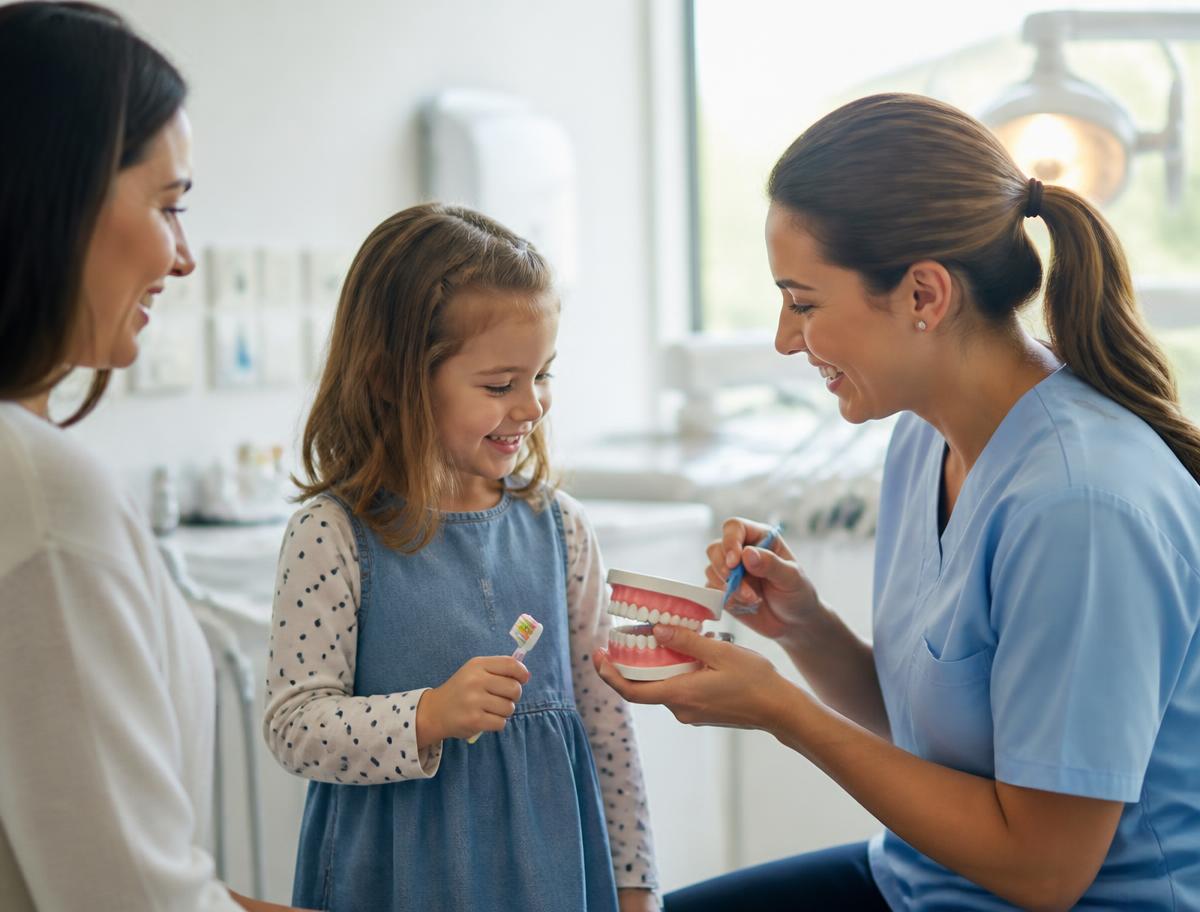 A hygienist showing a young child how to brush while a parent watches