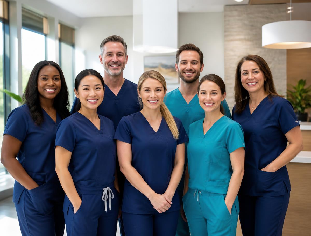 The BrightSmile dental team standing together in the clinic lobby