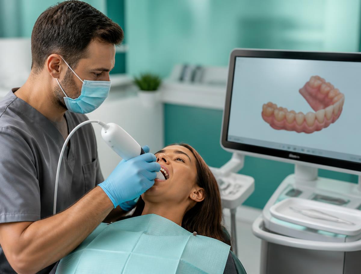A dentist using a handheld 3D intraoral scanner while a 3D model of the teeth appears on a monitor