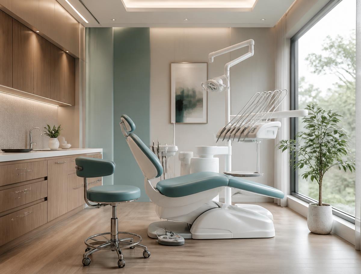 A modern dental treatment room with natural light