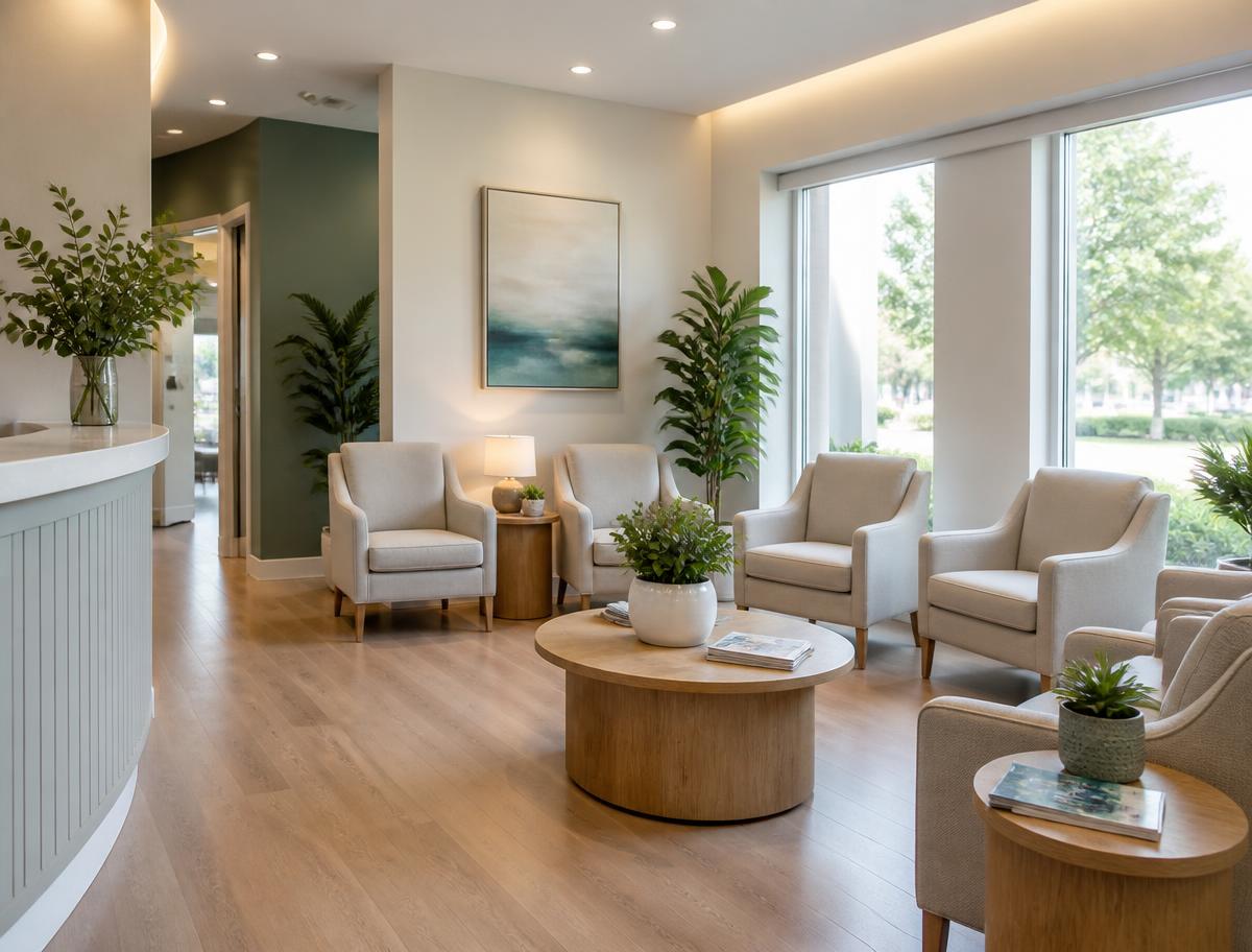 Comfortable armchairs and plants in the clinic waiting area